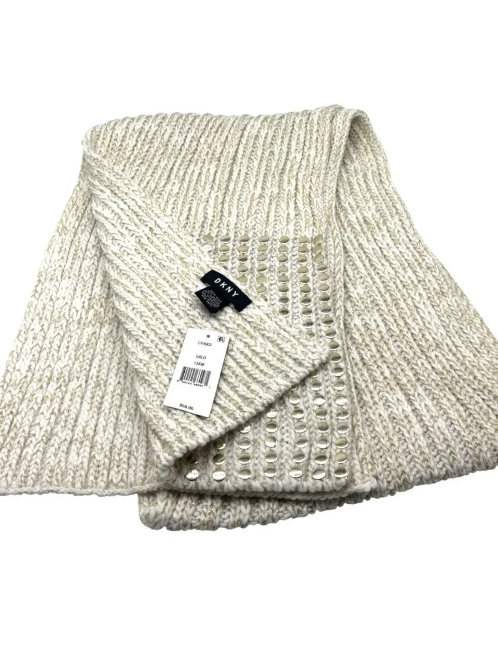 DKNY Flat-Stud Metallic Rib-Knit Scarf, Ivory/Gold